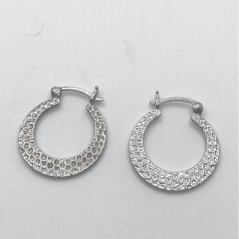 Sterling Silver Flat / Wide Hammered Design Hoop Earrings .9”